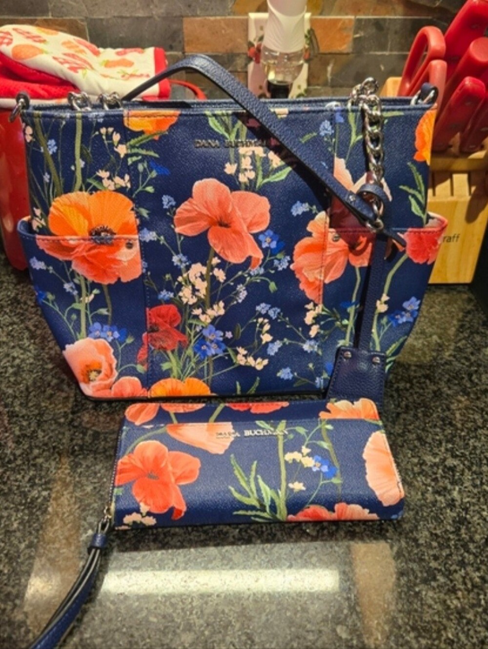 Dana Buchman Navy Floral Tote With Matching Wallet.